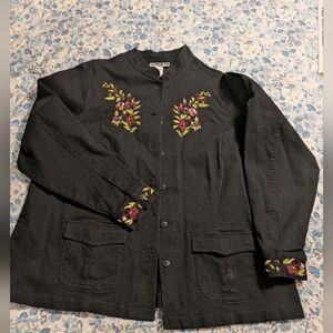 Susan Graver Black Jean Jacket with Floral Embroidery